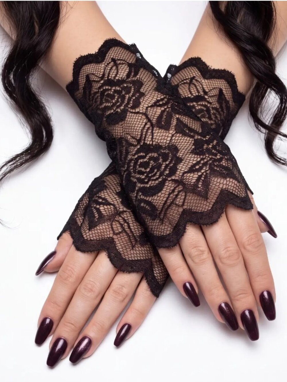 Black Floral Lace Short Gloves Victorian Goth